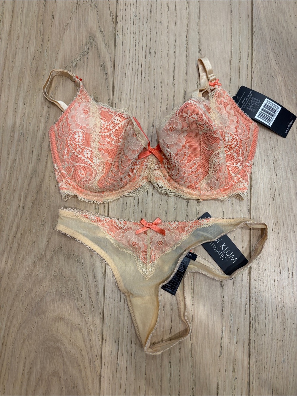 Heidi Klum Intimates Coral and Cream Lace Bra & Thong Set
